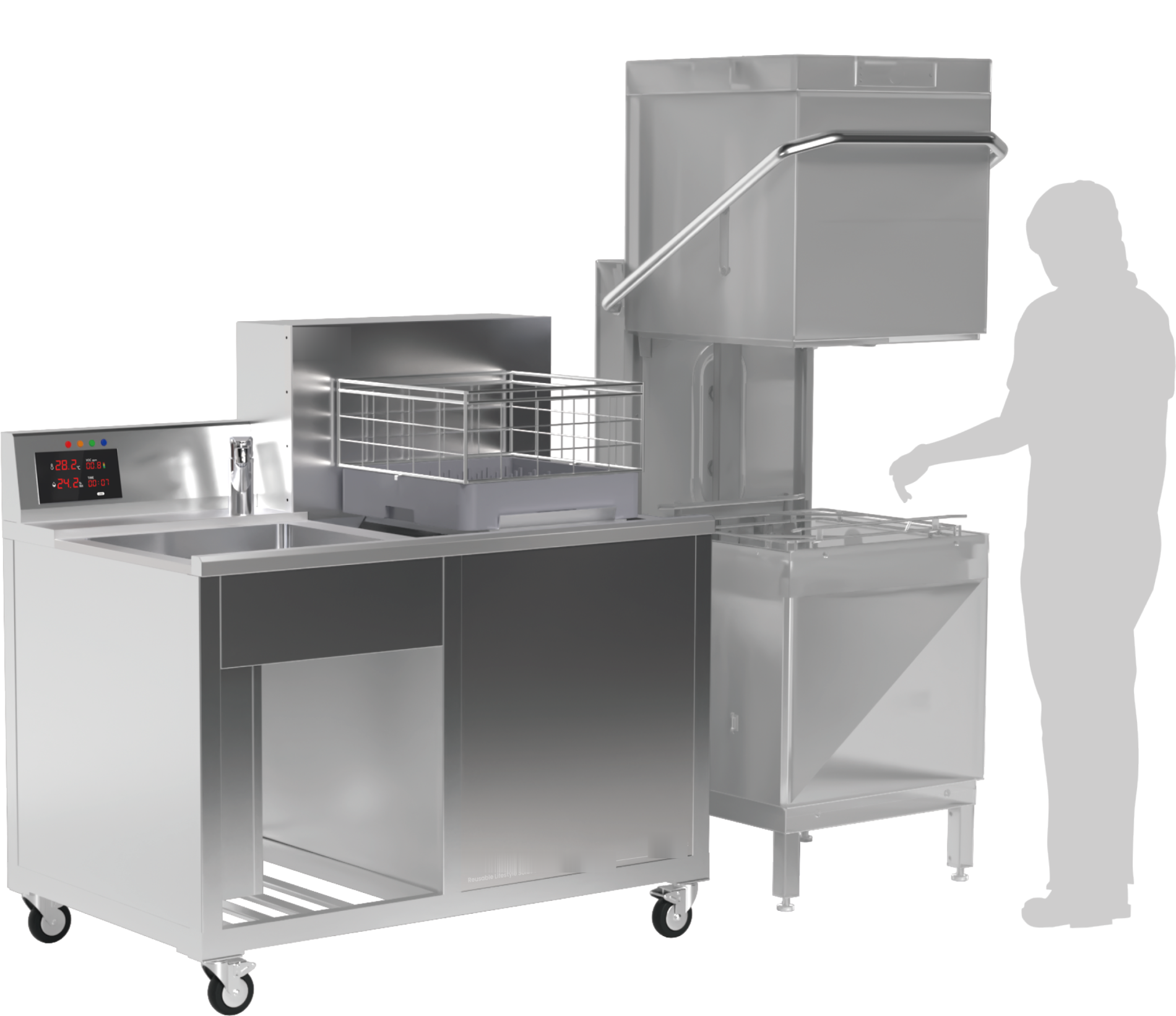 SMART Washing Module process — soak basin, lift rack and hood dishwasher, at human scale